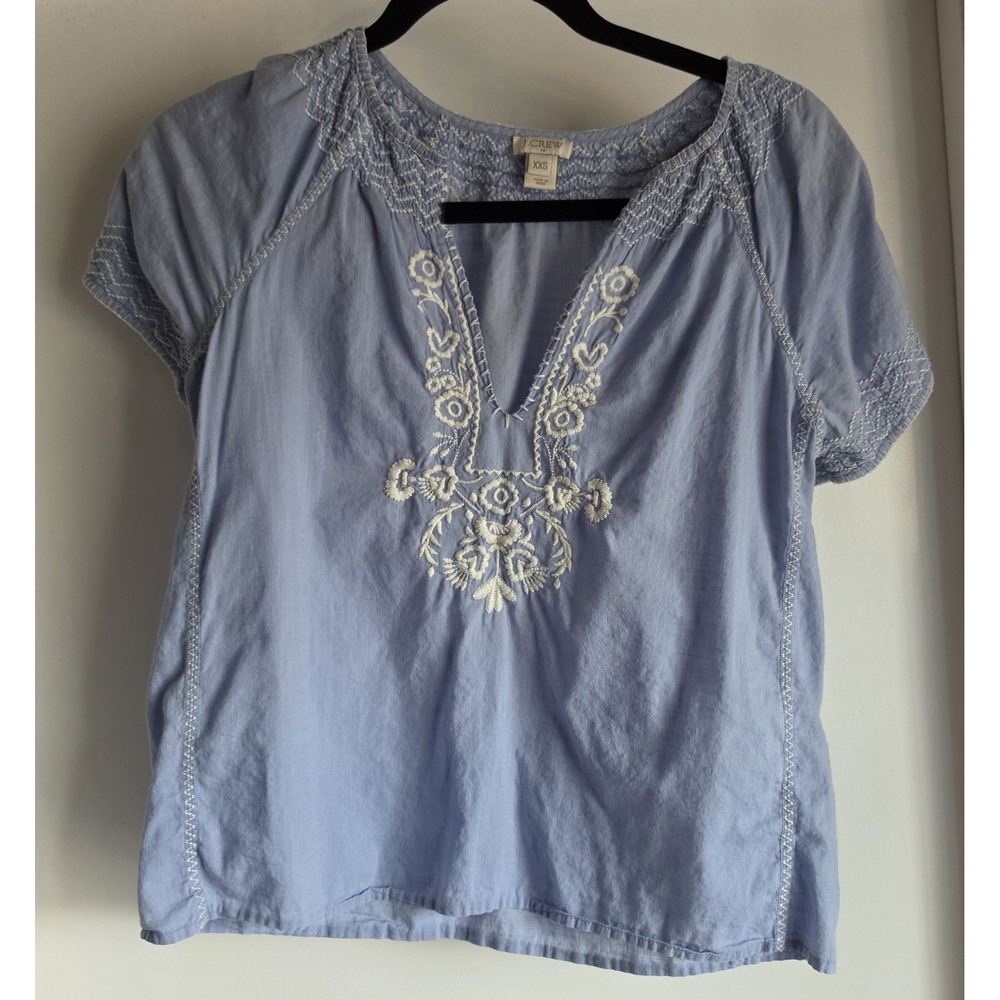 J.Crew Blouse XXS Blue Cotton Embroidered V-Neck Short Sleeve Boho Top Shirt